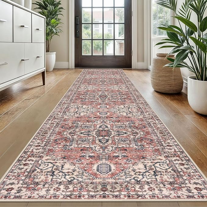 KOZYFLY Long Runners for Hallways 2x10 Ft Washable Kitchen Runner Rug Boho Style Entryway Rug Indoor Printed Faux Wool Stair Runner Carpet for Stairs Bedroom Kitchen Hall, Terracotta/Beige
