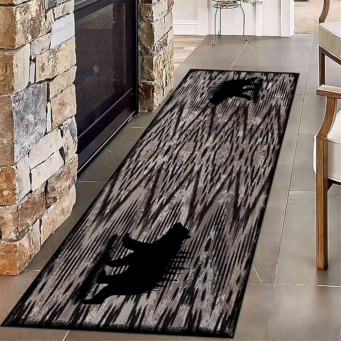 Rustic Cabin Runner Rug, 4x10ft, Vintage Lodge Wood Grain Wild Animal Black Bear Print Long Hallway Rug, Non-Slip Washable Carpet with Rubber Backing for Hallway Walkway Entry Foyer