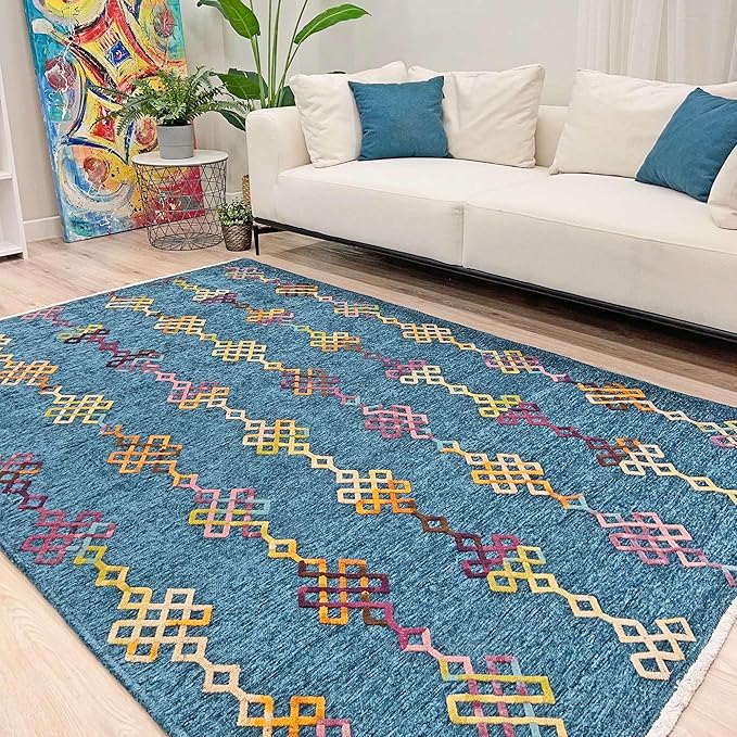 Alfa Rich 3x10 Moroccan Blue Washable Area Rugs for Living Room Hallway Kitchen Decor Cotton Runner