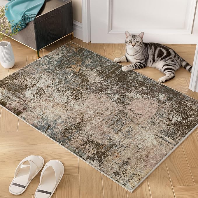 Small Rug with Abstract Pattern for Entryway Short Pile with Non-Slip Backing Throw Rugs, Foldable Kitchen Bathroom Rugs 2x3 FT Brown