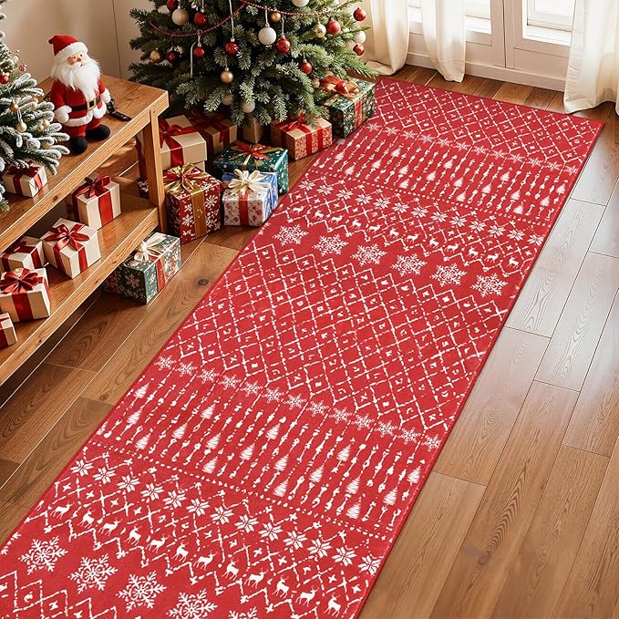 Lahome Christmas Runner Rug 2x8 for Hallway Red Non Slip Washable Runners for Kitchen Low Pile Carpet Moroccan Snowflake Throw Rug for Kitchen Entryway Laundry Narrow Space Xmas Holiday Decor