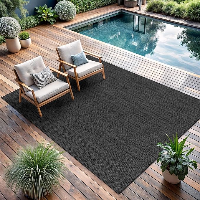 CAMILSON Outdoor Rug 10x14 Modern Area Rugs for Large Indoor and Outdoor Patios and Porches - Waterproof, Washable, Non-Shedding, Easy-to-Clean Outside Carpet (10 x 14, Solid - Dark Gray)