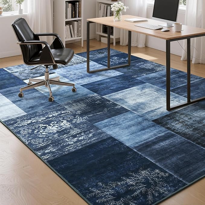 Tepook Modern Area Rug for Living Room, 8x10 Geometric Large Rugs for Bedroom, Washable Patchwork Rug Indoor Non-Slip Throw Carpets for Dining Room Office Farmhouse Home Decor, Blue
