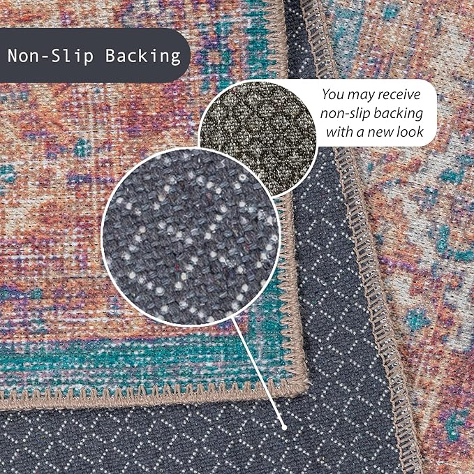 GLN Rugs Traditional Collection - Machine Washable Area Rug, Traditional Washable, Non Slip, Low Pile Chenille Rug, Living Room, Bedroom, Kitchen Rug (2'6" x 7' Terra/Green)