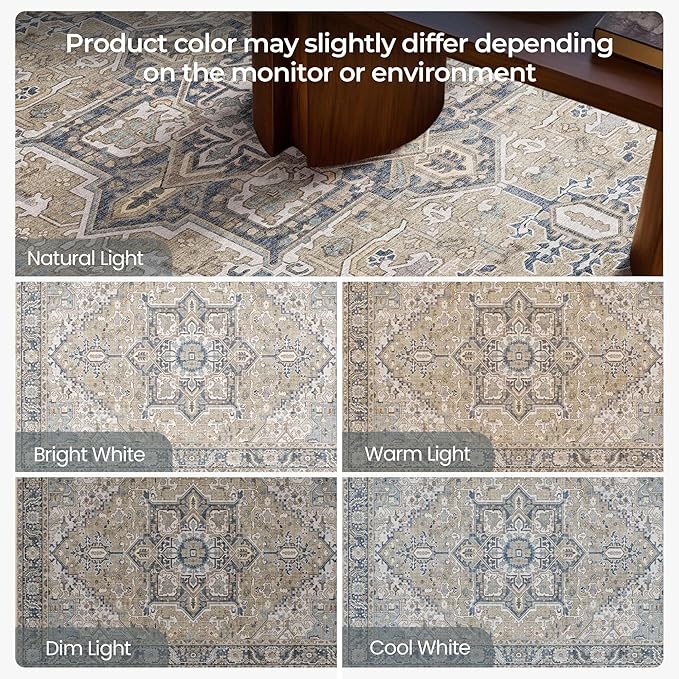 Kokia 6x9 Washable Area Rugs Blue with Vintage Orient Design, Soft Rug for Living Room or Bedroom, Non-Slip Low Pile Stain Resistance Features, Distressed Medallion Pattern