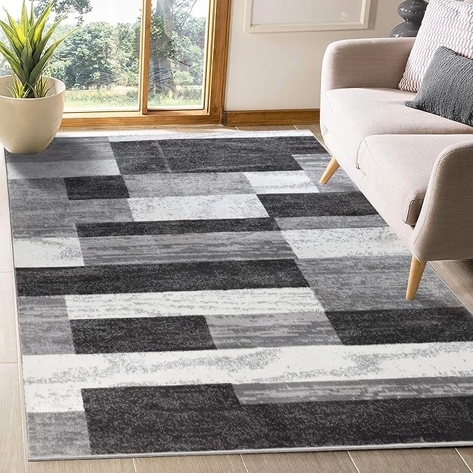 Superior Indoor Area Rug, Jute Backed, Modern Geometric Patchwork Floor Decor for Bedroom, Office, Living Room, Entryway, Hardwood Floors, Rockwood Collection, 4' x 6', Charcoal