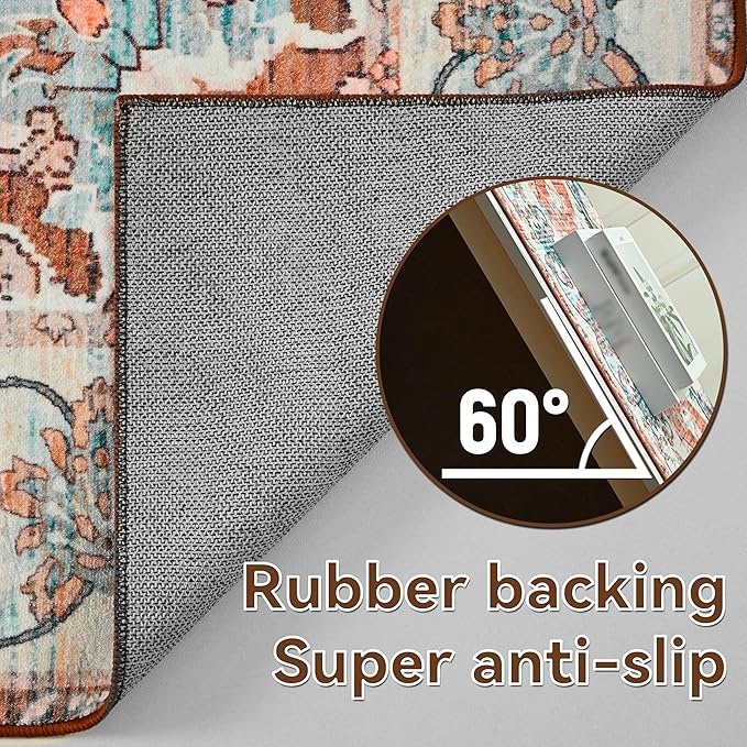 YJ.GWL Area Rugs for Living Room 5x7 Machine Washable Rugs, Non Slip Floral Vintage Rug Indoor Carpet, Stain Resistant Large Rug for Bedroom Dining Room, Copper Tan