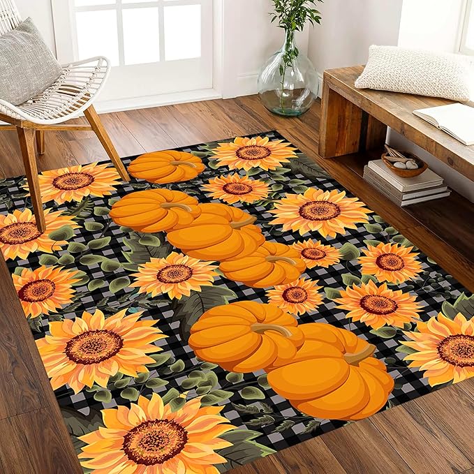 Autumn Style Area Carpet, 4x5ft, Checkered with Sunflower and Pumpkin Fall Harvest Large Flower Rug, Fluffy Short Pile Rubber Backed Farmhouse Door Mat for Study Room Front Door