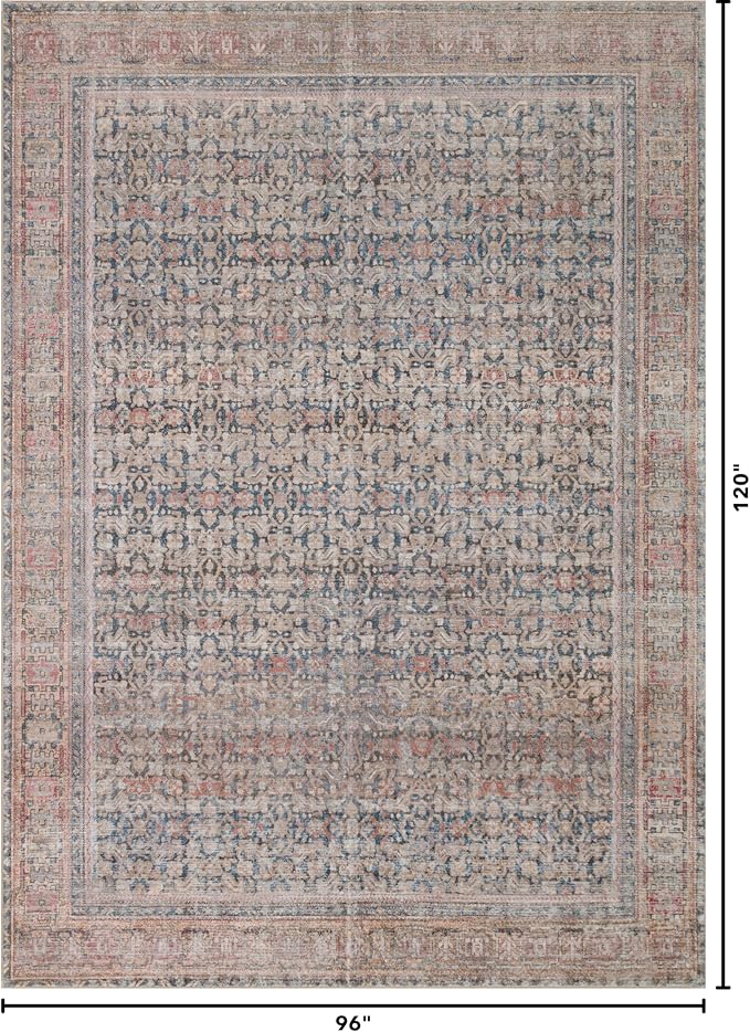 Kuden 8x10 Large Area Rug, Machine Washable Area Rug with Non-Slip Backing, Vintage Style, Soft, Easy Clean, Low Pile Rug for Living Room, Bedroom, Dining Room