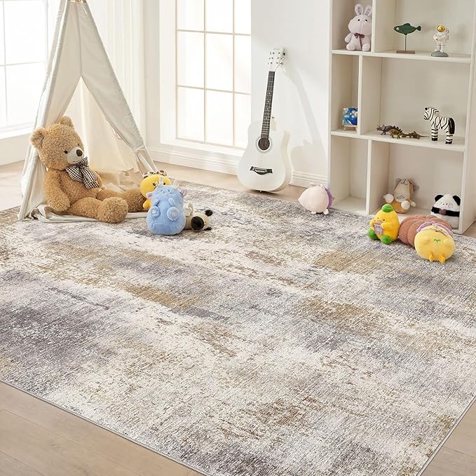 Area Rug Living Room Rugs - 10x12 Washable Large Soft Indoor Neutral Modern Abstract Low Pile Rug Carpet for Bedroom Dining Room Farmhouse Home Office - Brown Grey