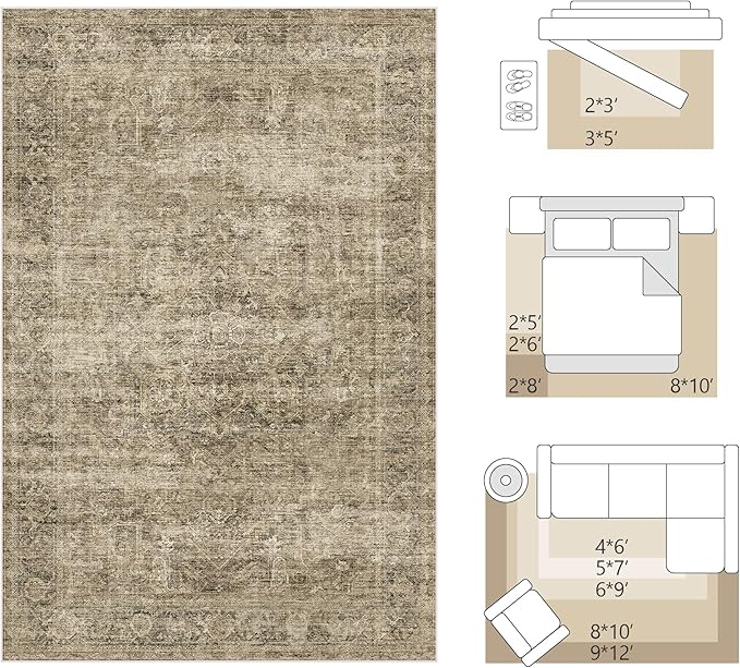 FMFUNCTEX 6x9 Washable Area Rug Brown Vintage Neutral Distressed Oriental Large Non Slip Carpet for Living Room Bedroom Soft Low Pile Indoor Mat Retro Throw Rug for Dining Room Kitchen Office Nursery