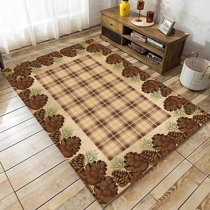 Cabin Pine Cones Area Rug 5x7ft for Living Room, Brown Buffalo Plaid Indoor Anti-Slip Large Area Rug Rustic Style Rugs for Bedroom, Lodge Living Rugs With Pine Cones, Throw Area Rug for Farmhouse