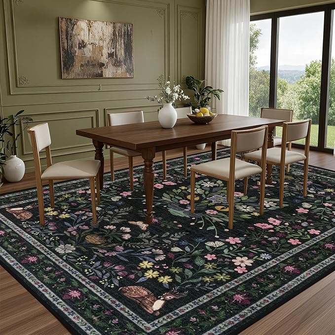 8x10 Area Rugs Living Room Rug: Vintage Washable Rug Floral Soft Carpet Indoor Floor Non-Slip Boho Stain Resistant Large Carpets for Bedroom Kids Nursery Dining Room Farmhouse Home Office Black/C02