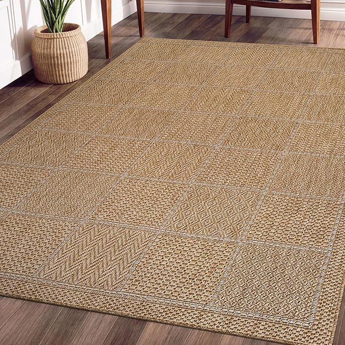 Beverly Rug Easy Jute Checkered Squared Rug 10x14 Washable Large Indoor Outdoor Area Rugs for Living Dining Room Patio Office Stain Resistant Non Shedding Casual Indoor Outside Carpet 10 x 14 Natural