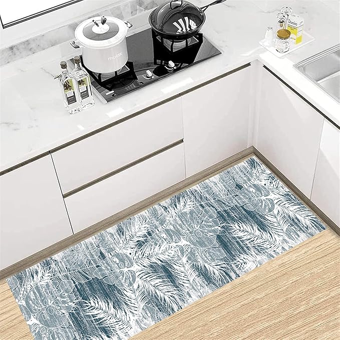 Blue White Tropical Runner Rug 4x12ft - Indoor Outdoor Non-Shedding Washable Carpet, Soft Durable Floor Mat for Patio, Hallway, Kitchen, Living Room