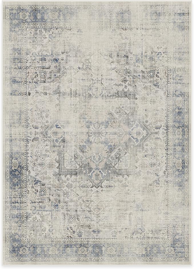 RUGGABLE Washable Vintage Area Rug – Kamran Blue Quartz 5x7, Stain-Resistant, Non-Slip – Medium Machine Washable Rugs for Living Room, Bedroom, Hallway, Entryway & Office–with Cushioned Pad