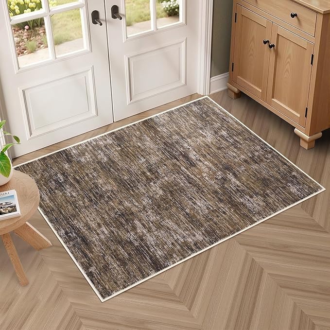 RUGSREAL Small Area Rug 2x3 Entryway Mat with Rubber Backing Stain Resistant Throw Carpet Modern Solid Color Bath Mat Contempowary Washable Rug for Living Room Bedroom Dining Room Kitchen, Brown 2x3
