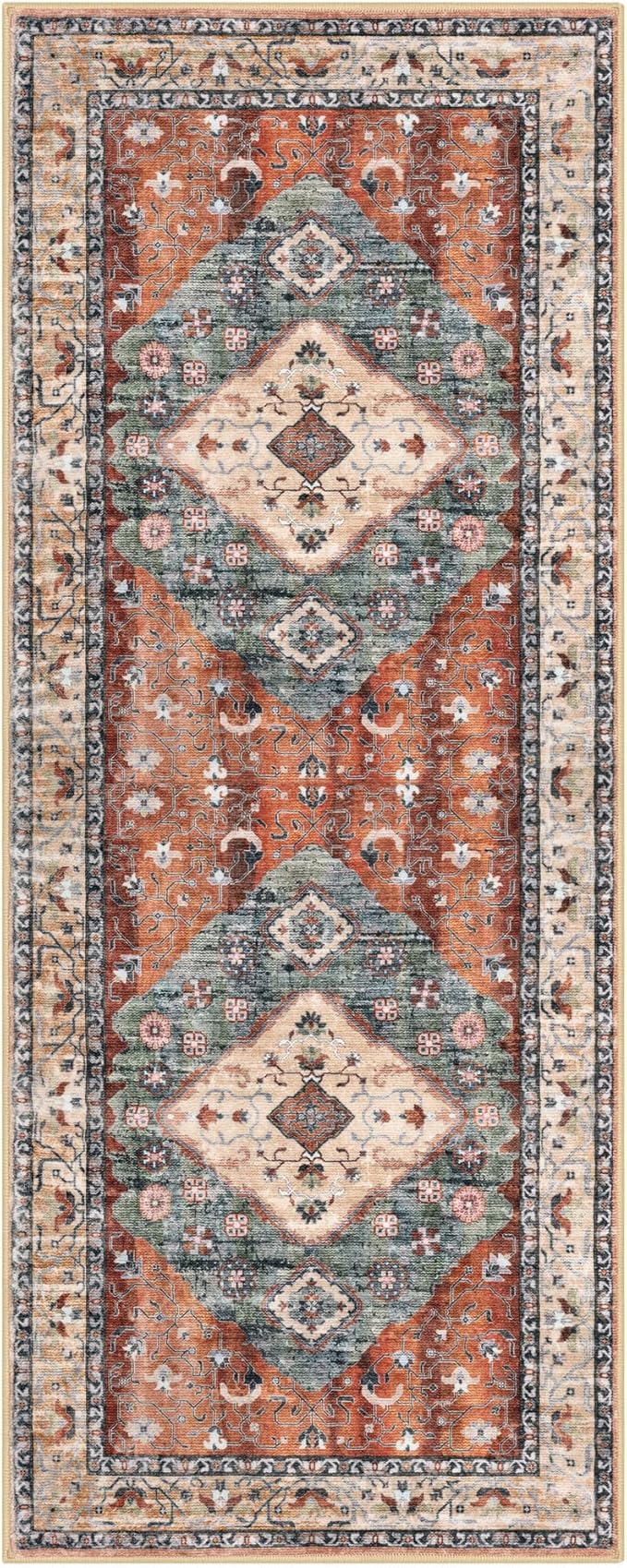 KOZYFLY Runners for Hallways 2x6 Ft Washable Kitchen Runner Rug Boho Runner Rug for Entryway Indoor Rust/Orange/Blue Printed Oriental Faux Wool Floor Carpet Runner for Bedroom Kitchen Hall
