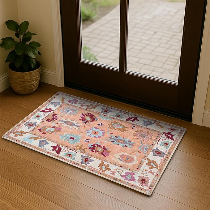 Fame Living Orange Oushak Rug, Modern Small Rugs, Vintage, Turkish, Eclectic, Floral, Pastel, Washable, Door mat, Doormat for Indoor Entrance, Entryway, Kitchen, Bathroom, Bedroom, Laundry, 2'x3'