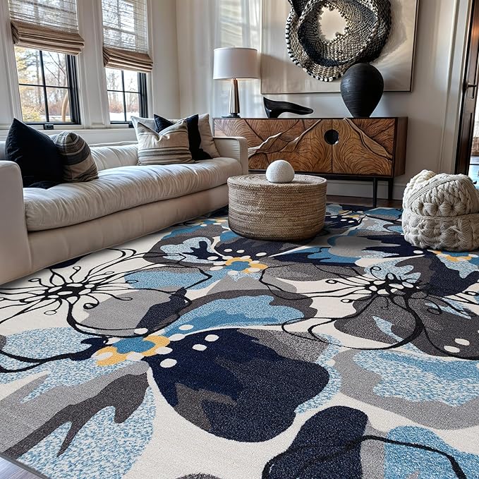 Modern Large Floral Non-Slip (Non-Skid) Area Rug 8 x 10 (7' 10" x 10') Gray-Blue