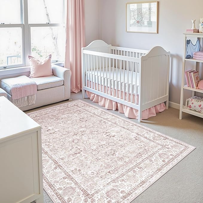 Pink Area Rugs 5x7 Nursery Rug for Baby Girl Neutral Floral Area Rug for Living Room, Vintage Boho Washable Rug Indoor Carpet for Bedroom Dining Room