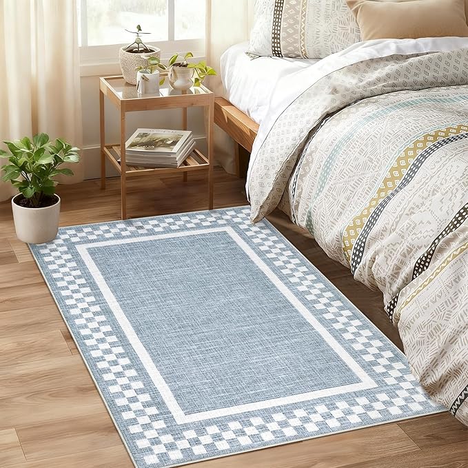 Small Area Rug 2x3 Modern Checkered Entry Rug Solid Color Scalloped Kitchen Rugs Washable Bedroom Doormat Non Slip Stain Resistant Bordered Throw Carpet for Living Room Nursery Laundry, Blue