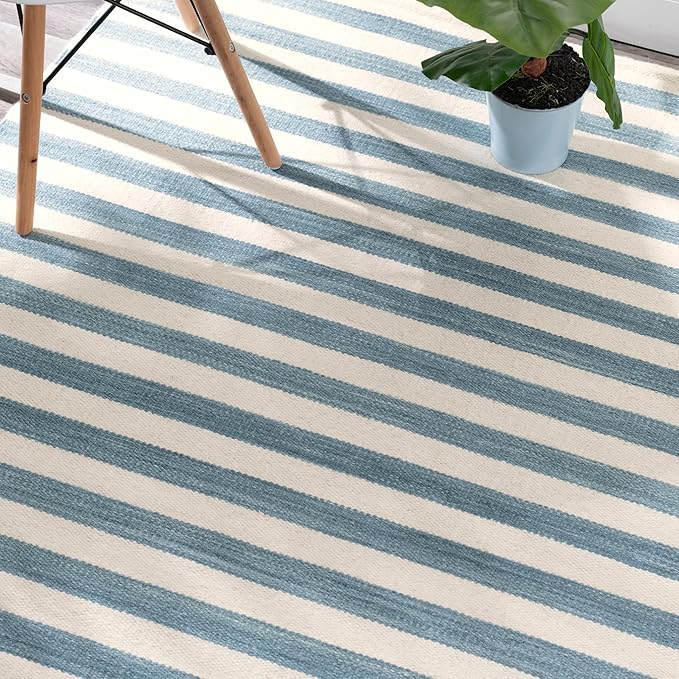 Home Conservatory Ladder Stripe Blue/Ivory Handwoven Wool 5 X 8 Feet, Blue/Ivory Stripe Pattern