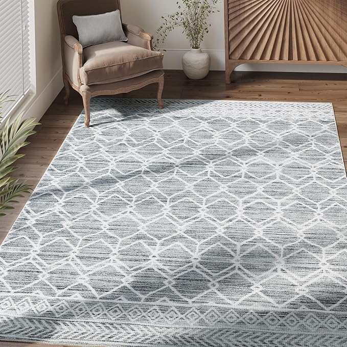 jinchan Moroccan 5x7 Area Rugs for Bedroom - Machine Washable Soft Modern Geometric Stain Resistant Non-Slip Ultra-Thin Low-Pile Faux Wool Carpet for Living Room Kitchen Dining Room (5x7ft, Grey)