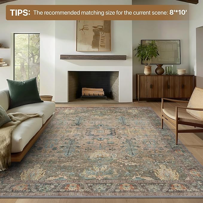 Bavni 8x10 Area Rugs for Living Room, Machine Washable Rug Lightweight Low Pile, Chenille Non Slip Rug Boho Print Decorative Carpet for Bedroom Dinner Room, Olive Green