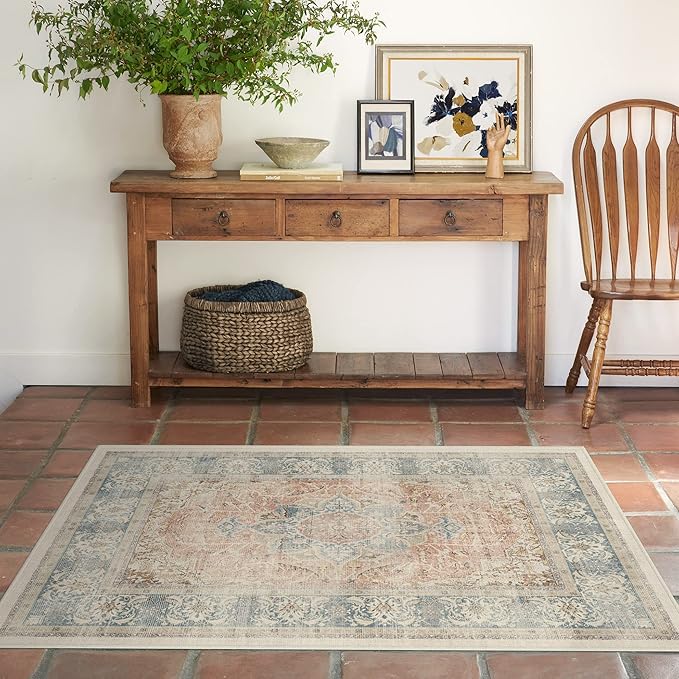 RUGGABLE Washable Vintage Area Rug – Sarrah Coral 3x5, Stain-Resistant, Non-Slip – Small Machine Washable Rugs for Living Room, Bedroom, Hallway, Entryway & Office–with Cushioned Pad