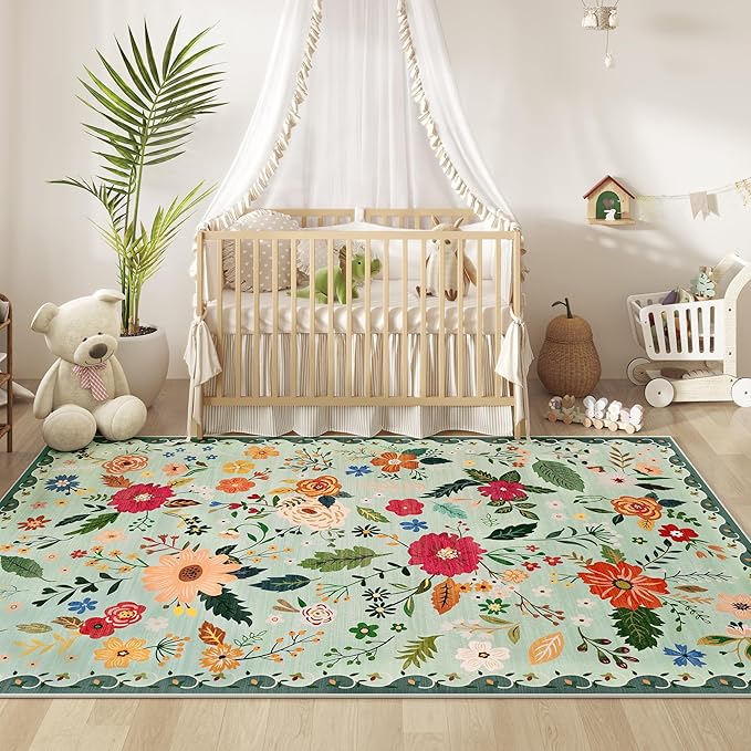 Living Room Rug 6x9 Rug Machine Washable Boho Area Rug Non Slip Floral Vintage Low Pile Large Rugs for Living Room, Bedroom, Farmhouse, Dining Room (Green)