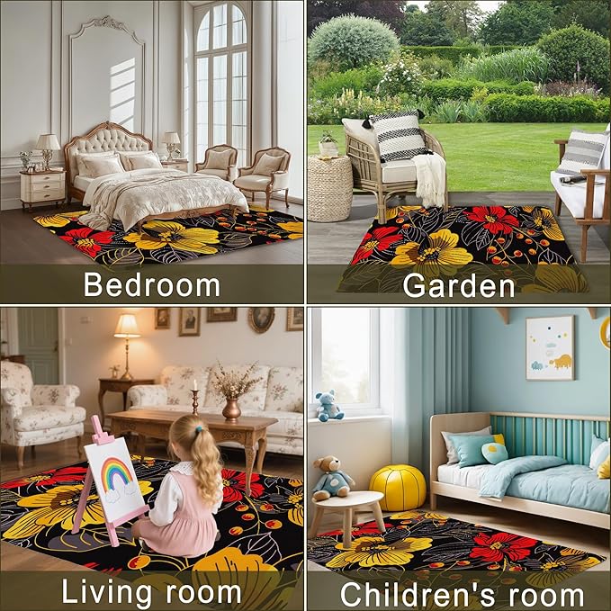 Black Floral Washable Living Room Area Rug, Low Profile Abstract Pattern, Non-Slip Backing Carpet for Kitchen, Bedroom, Dining Room