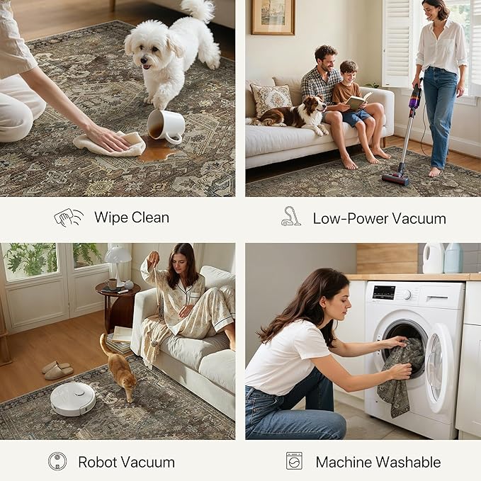 Bavni Washable Runners for Hallways 2X10, Ultra-Thin Non Slip Long Runner Rug, Print Vintage Aesthetic Carpet Runner, Low Pile Rugs for Kitchen Porch Bedroom, Brown