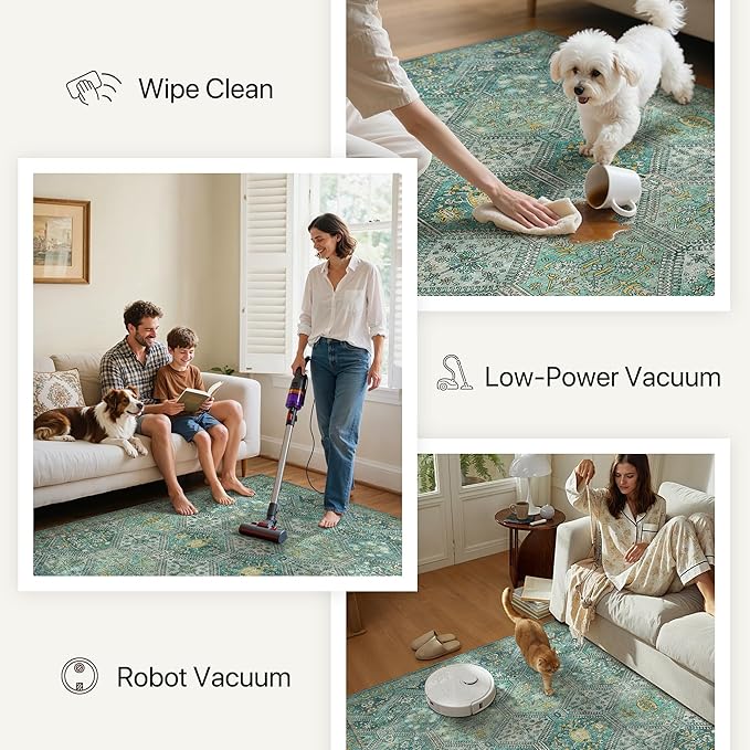 Bavni 8x10 Area Rugs for Living Room, Machine Washable Rug Non Slip, Vintage Chenille Distressed Print Carpet, Large Low Pile Ultra-Thin Lightweight Rugs for Bedroom, Dining Room, Home, Office, Cyan