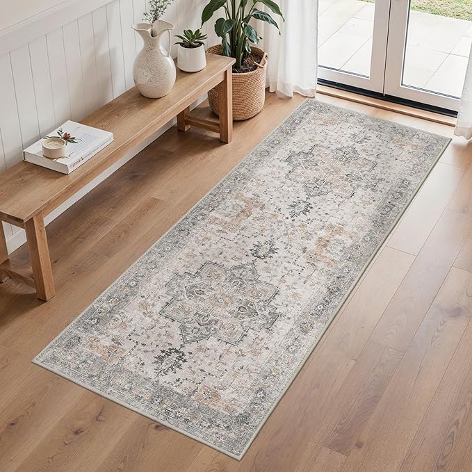 Runner Rug 2'6''x6 Non Slip Machine Washable Vintage Hallway Runner Rug, Low PileLight Weight Rugs for Entryway, Hallway, Kitchen and Corridor, Light Taupe Brown