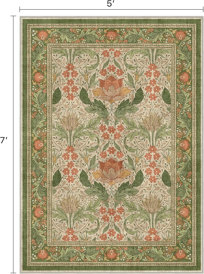 Bavni 8x10 Area Rugs for Living Room, Microfiber Machine Washable Non-Slip Vintage Floral Rug, Low Pile Lightweight Carpet for Bedroom, Dining Room, Home Office, Sage Green & Burnt Orange