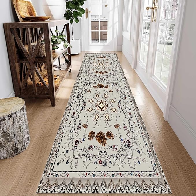 Floral Runner Rug, 2.6x10ft, Bohemian Vintage Distressed Pineal for Kitchen, Non-Slip No Shedding, Soft Low Pile Indoor Room Grey for Laundry, Washable for Hallway Bathroom