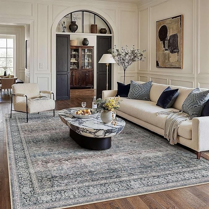 HUGEAR 6x9 Washable Area Rug Purple Vintage Neutral Distressed Carpet Living Room Bedroom Rug Soft Non Slip Low Pile Pet Friendly