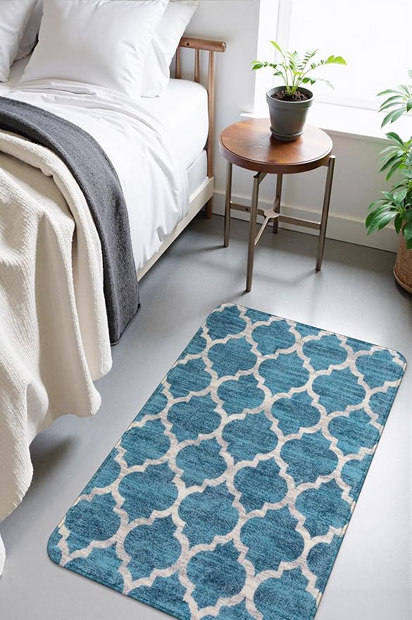 Lahome Moroccan Kitchen Rugs - 2x3 Washable Small Entryway Rug Indoor Door Mat, Non-Slip Throw Rugs Floor Bathroom Door Mats for Bedroom Room Redside Laundry Room Rug Decor (2’X 3’, Blue)