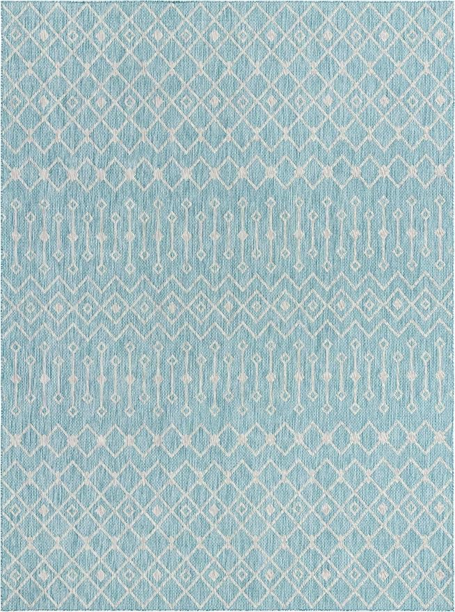 Unique Loom Outdoor Trellis Collection Area Rug - Tribal Trellis (10' x 13' 1" Rectangle, Aqua/ Ivory)
