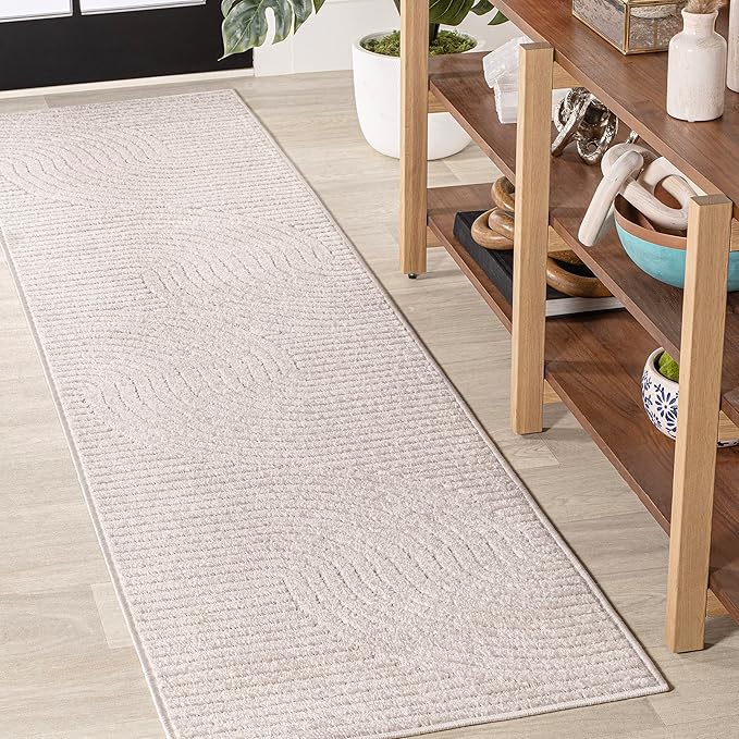 JONATHAN Y Hallie High-Low Curve Ivory/Cream Indoor/Outdoor Runner Rug, 2x8, Minimalist, Pet Friendly, Non-Shedding, Stain Resistant, Hose-Washable for Backyard, Patio, Porch (SCN100B-28)