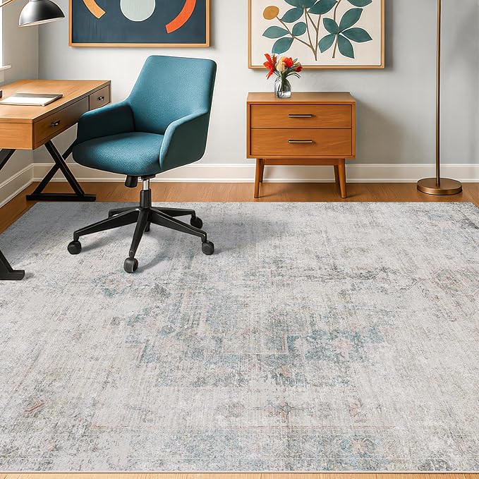 Blue Abstract Rug for Living Room - 5x8 Modern Area Rug for Home Office, Foyer, Bedroom, Low Pile & Lightweight