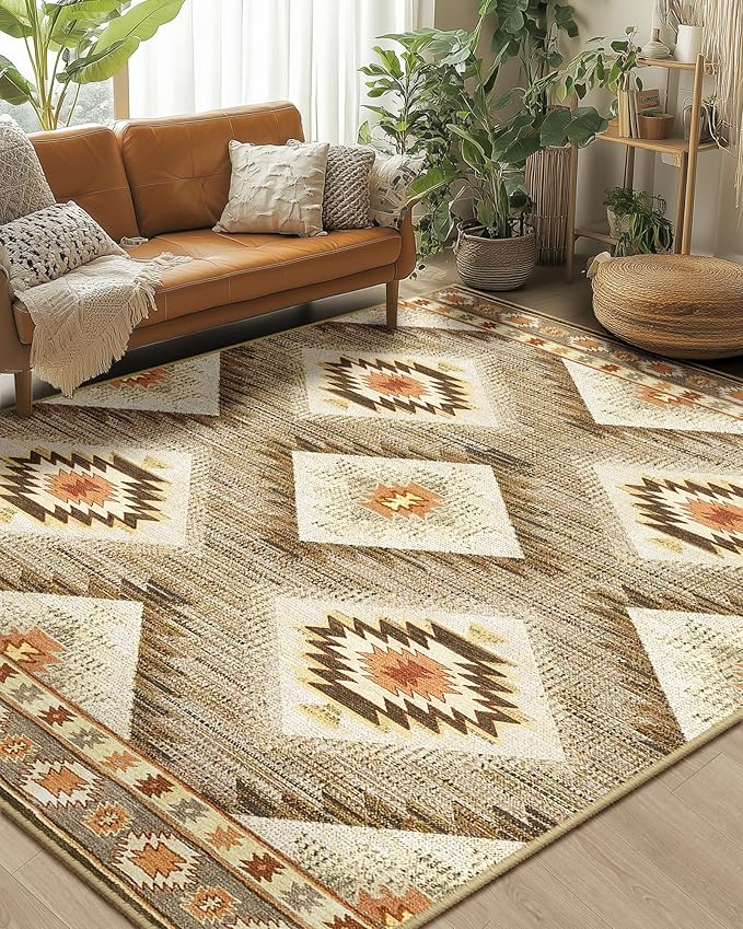 Area Rug 10x14 Rug Machine Washable Non-Slip Low Pile Print Pattern Western Rug for Living Room Bedroom Entryway Tribal Series -Cream/Camel