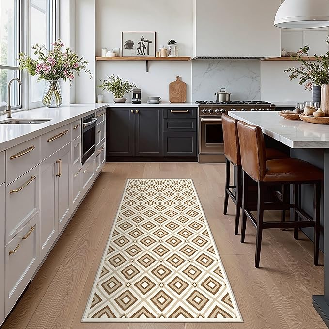 Bavni Hallway Runner Rug Machine Washable, 2x7 Non Slip Lightweight Washable Runners, Moroccan Checkered Rug for Entryway Laundry Kitchen Bathroom Corridor Bedside, Yellow Brown