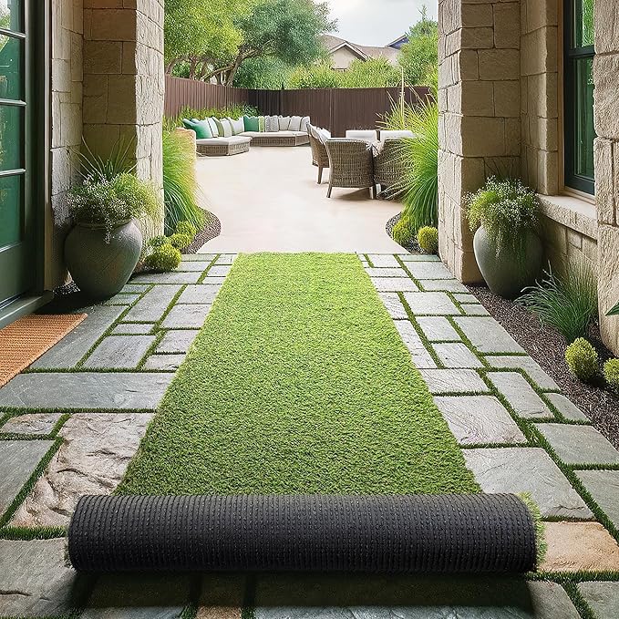Ottomanson 2'7" x 53' Artificial Faux Grass Rug - Realistic Turf with UV Protection - Perforated for Easy Drainage - Durable, Hose-Off Synthetic Lawn Carpet for Indoor & Outdoor Use, Green