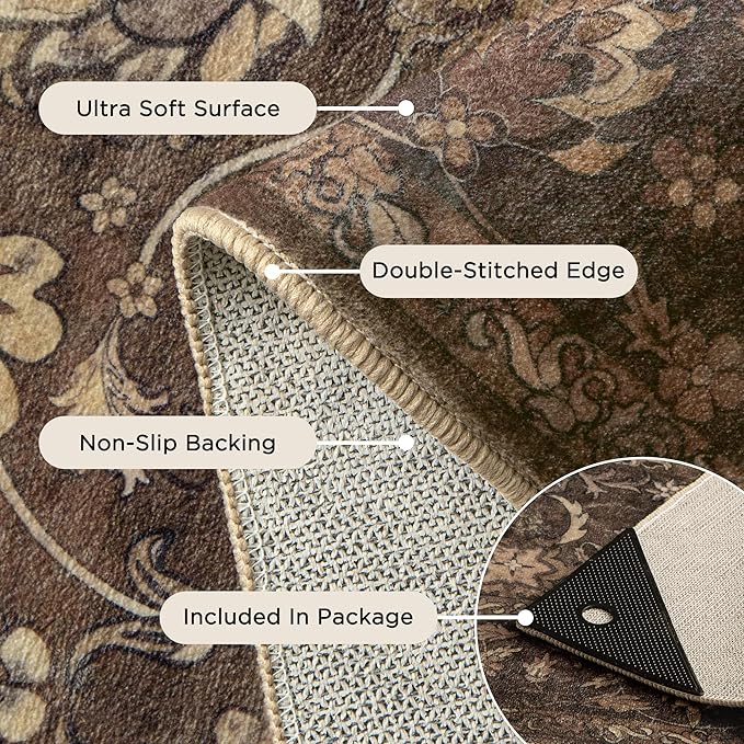 6x9 Rugs for Living Room, Soft Large Area Rugs Brown Washable Rug, Indoor Vintage Rugs for Bedroom Home Office Laundry, Rubber Backed Non Slip Low Pile Carpet, Dark Brown
