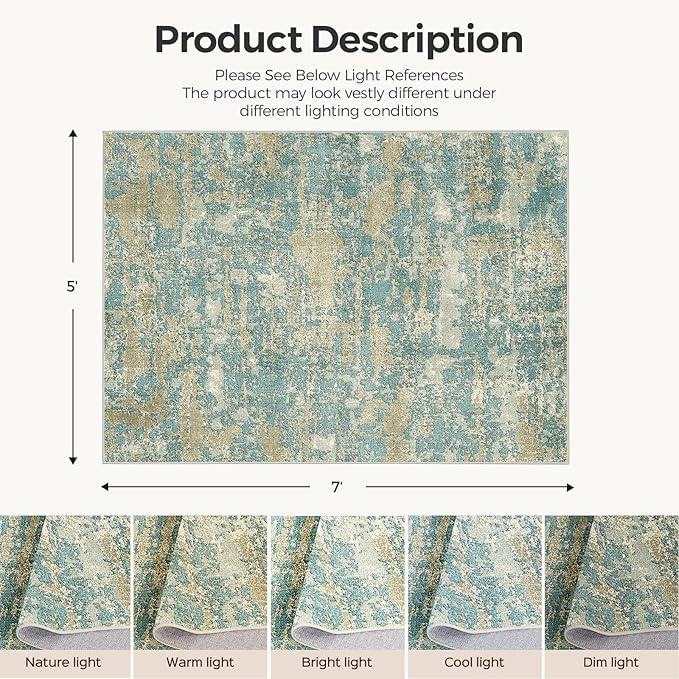 WITSHOCK Living Room Area Rugs 5x7：Modern Abstract Machine Washable Large Rug for Bedroom Dining Room Non-Slip Stain Resistant Home Office Decor,Teal Brown