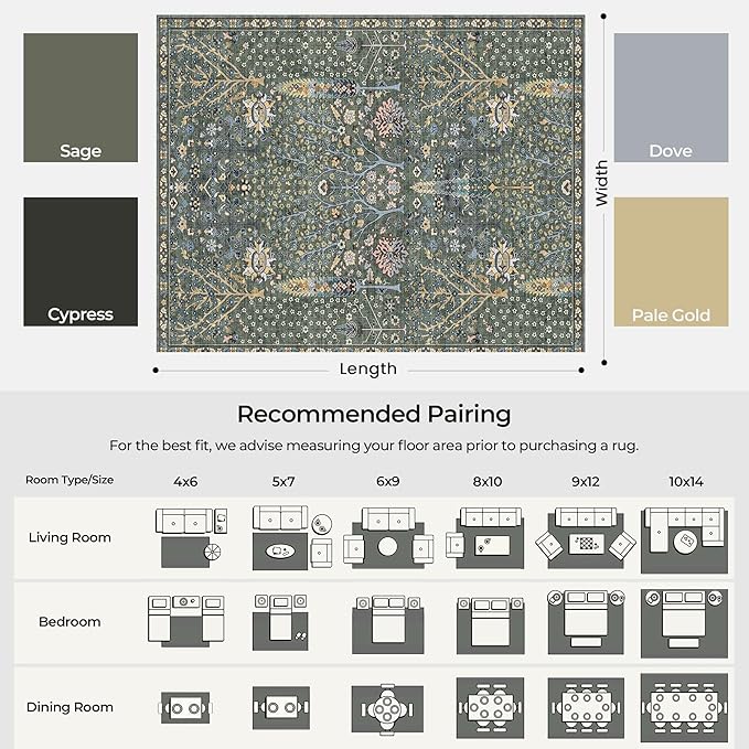 Kokia Boho Vintage Floral Area Rugs, Washable Oriental Botanical Rugs for Living Room, Bedroom, Dining Room, Office, Large Soft Indoor Area Rug, Sage Green，9x12