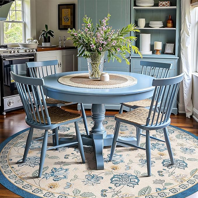 jinchan Elora 8ft Floral Round Rug for Dining Room Washable Living Room Rug Vintage Romance Design Non Slip Indoor Floor Cover Lightweight Low-Profile Throw Carpet for Bedroom Porch Patio, Blue/Beige