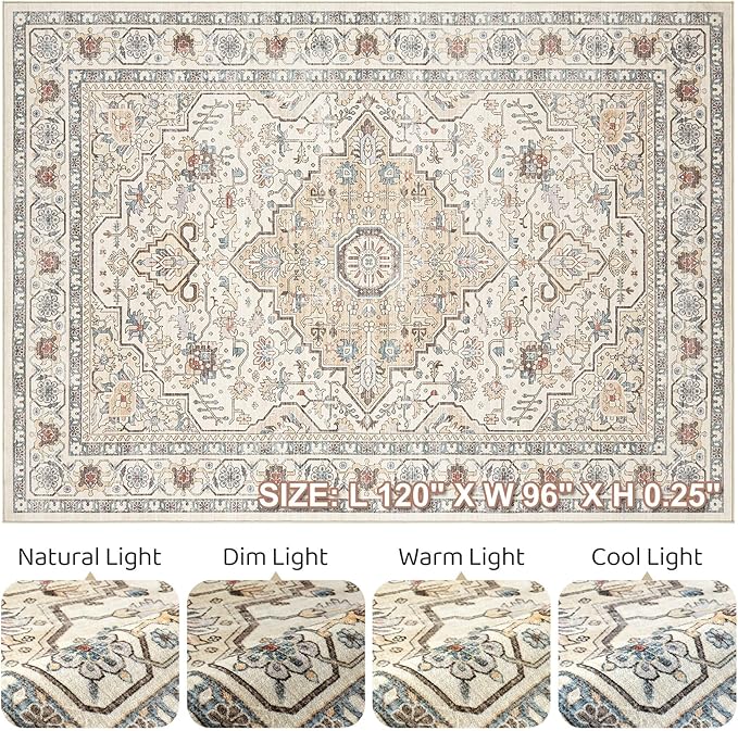 8x10 Area Rugs Living Room: Washable Boho Large Neutral Vintage Soft Rug Stain Resistant Farmhouse Non Slip Indoor Floor Carpet for Bedroom Nursery Kids Playroom Office Dining Room- Cream Blue